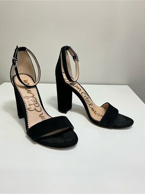 SAM EDELMAN Yaro Black Suede Ankle Strap Block Heel Sandals Size 8 Women